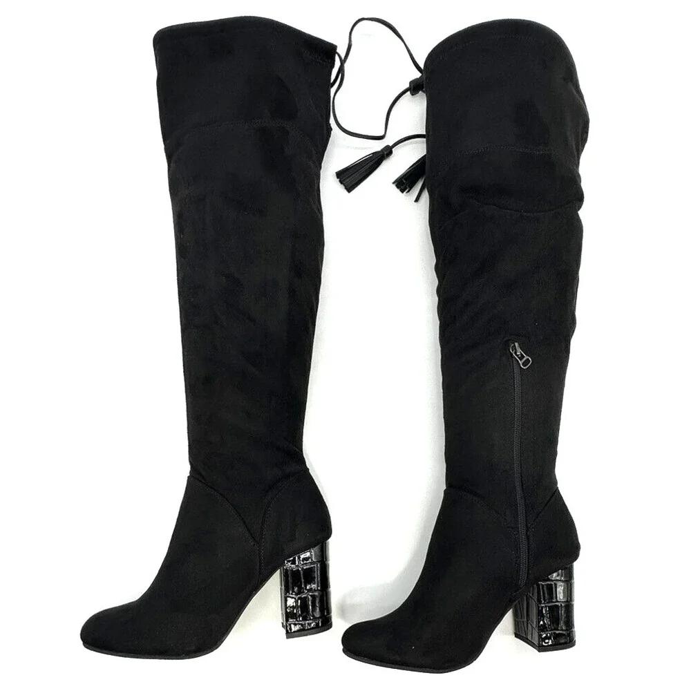 J. Renee Calcari Womens Size 9 W Suede Croc Print Heel Over The Knee Boots